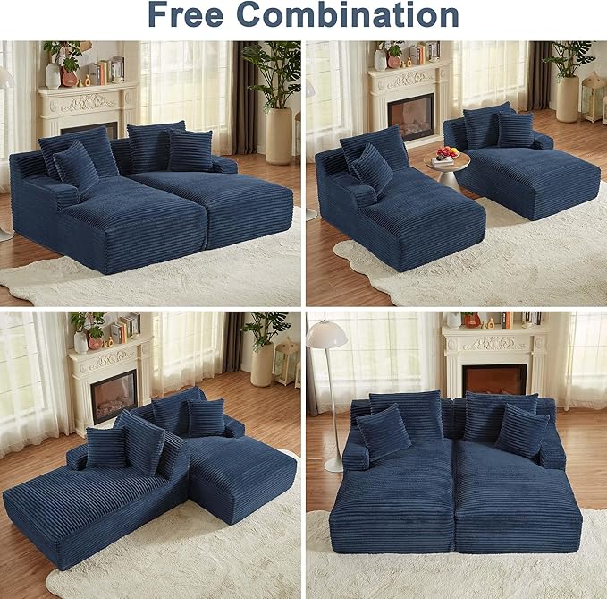 GNIXUU 78.8" Oversized Double Chaise Lounges Indoor, 2 Pieces Comfy Corduroy Chaise Lounge Chair Cloud Boneless Couch, Fluffy Upholstered Sleeper Loveseat Bed for Living Room Bedroom Reading(Blue)