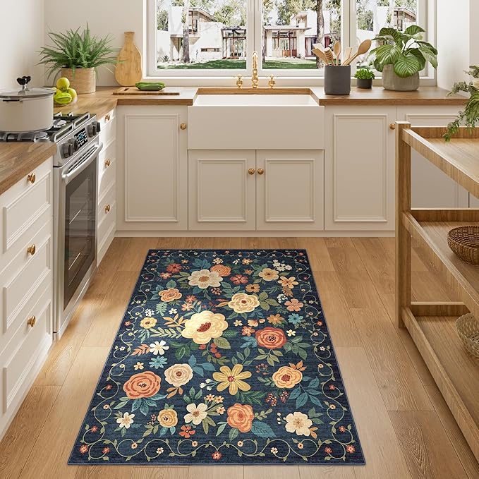 DUKINO 3x4 Area Rug, Lightweight Non Slip Washable Floral Rug, Indoor Low Pile & Non-Shedding Boho Design Carpets for Bedroom, Kitchen, Dining Room, Navy Blue