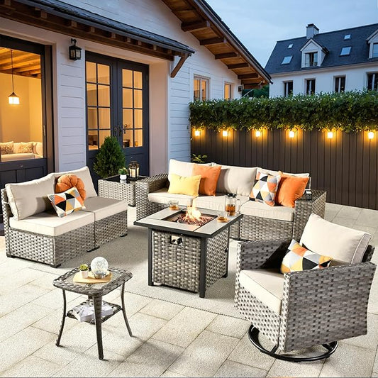 ovios 9 Pieces Patio Furniture Set, Outdoor Wicker Sectional Sofa with 30" Fire Pit Table Swivel Chair, Modern Modular Deep Seat Rattan Couch Conversation Sets, Beige