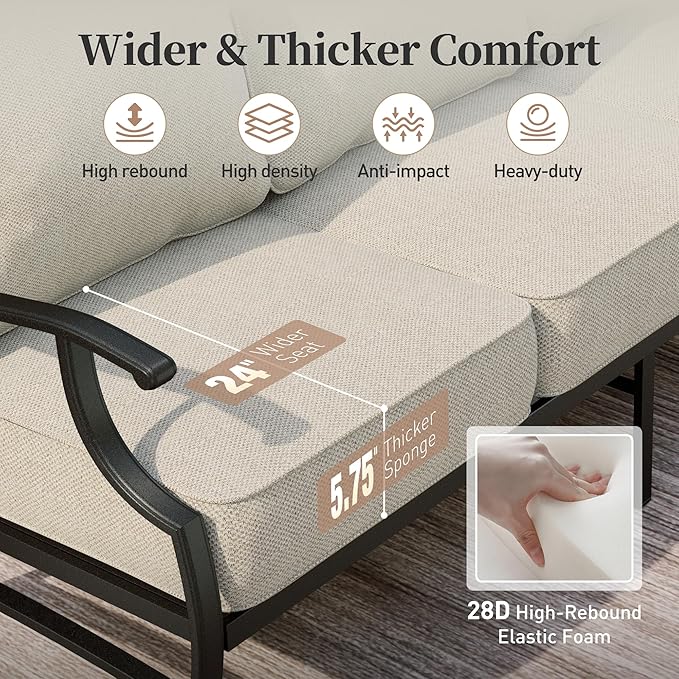 Patio Furniture Set, Modern Metal Outdoor Patio Furniture, 3 Seater Sofa, 2 Swivel Chairs, 2 Ottomans, Coffee Table and 5.75" Extra Thick Cushion, Patio Conversation Set for Backyard