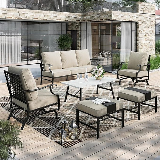 HERA'S HOUSE Patio Furniture Set, 2 x Rocking Cushioned Chair, 2 x Cushioned Ottoman, 1 x 3-Seat Sofa with Marbling Coffee Table, 6 Piece Outdoor Conversation Set for Backyard Lawn Garden