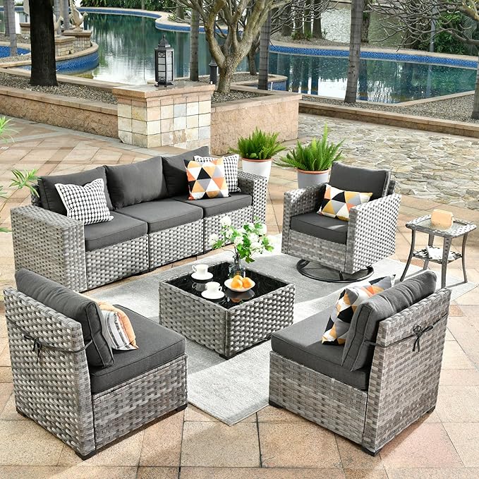 ovios 8 Pieces Patio Furniture Set, Outdoor Wicker Sectional Sofa with Swivel Chair Coffee Table, Modern Modular Deep Seat Rattan Couch Conversation Sets, Black