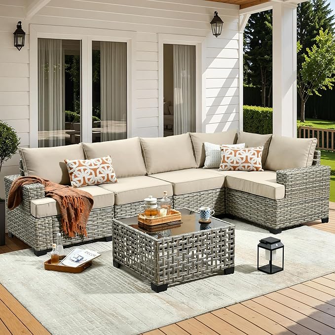 HOOOWOOO Outdoor Sectional Patio Furniture Set,6 Pieces Wicker Conversation Sets L Shaped Couch,Extra Deep Out Door Sofa Outside Furniture,Beige