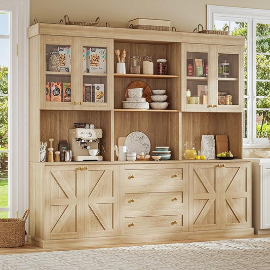 71" Farmhouse Kitchen Pantry Cabinet Set of 3, Brown Freestanding Coffee Bar Hutch with Glass Doors, Drawers & Adjustable Shelves, Large Storage Cabinet with Microwave Stand for Living Room & Kitchen