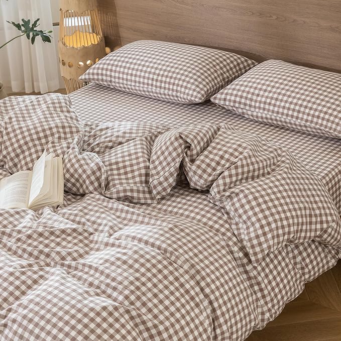 MooMee Gingham Duvet Cover Set 100% Washed Cotton Linen Like Textured Breathable Durable Soft Comfy Modern Checkered Design (Brown Gingham, Queen 90"x90")