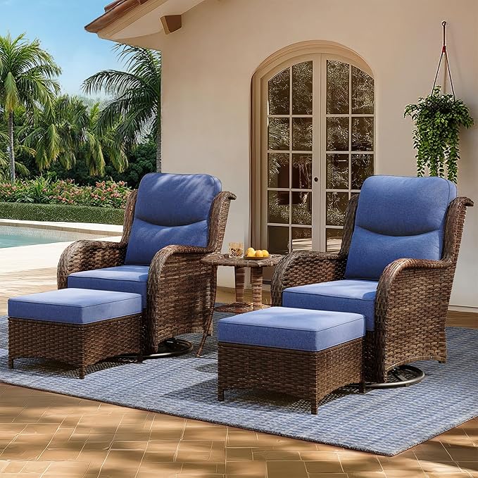 HILLGA Luxury Patio Furniture Set with 6-Inch Thick Cushions, High Back Outdoor Swivel Rocker Chairs and Ottoman, 5-Piece All Weather Conversation Set for Porch Deck Balcony Yard, Blue (V3)