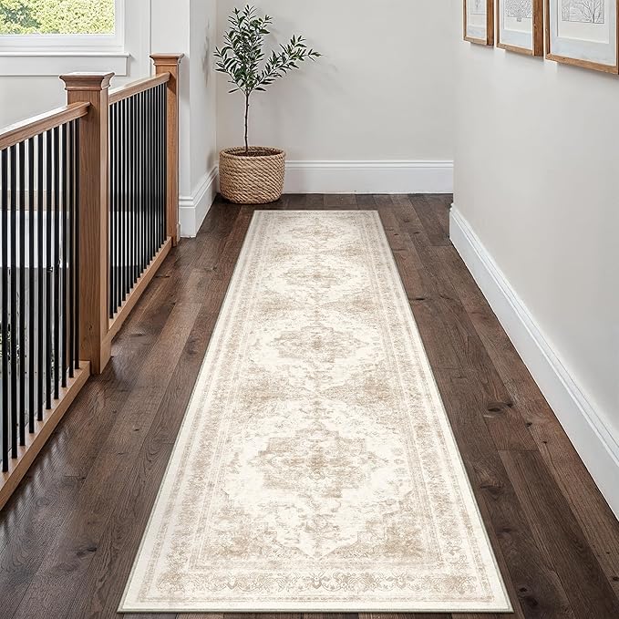 Runner Rug 3x12 Cream Hallway Washable Beige Carpet Non Slip Vintage Medallion Beige Carpet Low Pile Soft Distressed Retro Indoor Long Rug for Entryway Kitchen Bathroom Laundry Bedroom