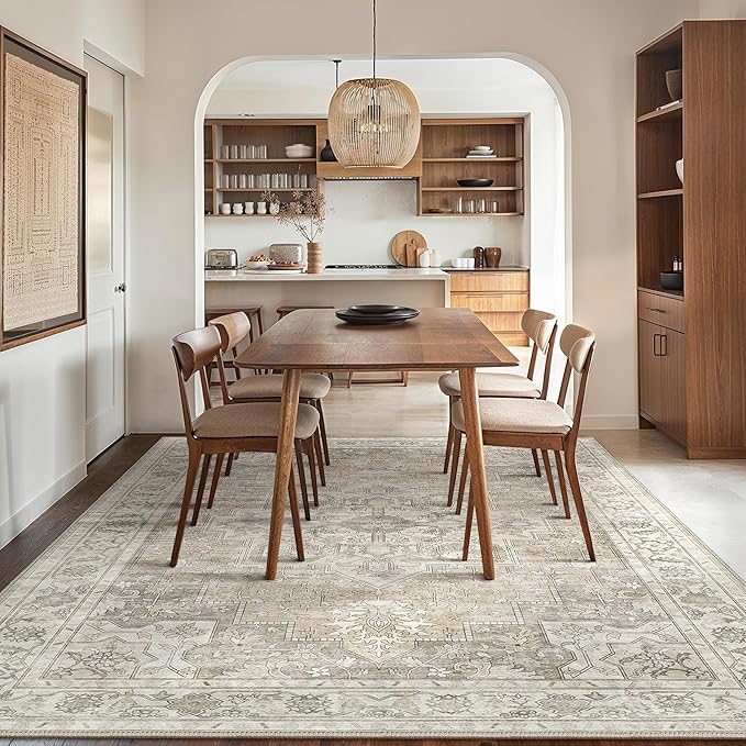 GENIMO 10x14 Area Rugs for Living Room, Machine Washable Non Slip Vintage Rugs, Low Pile Lightweight Chenille Print Rug for Bedroom, Dining Room, Home Office, Trench