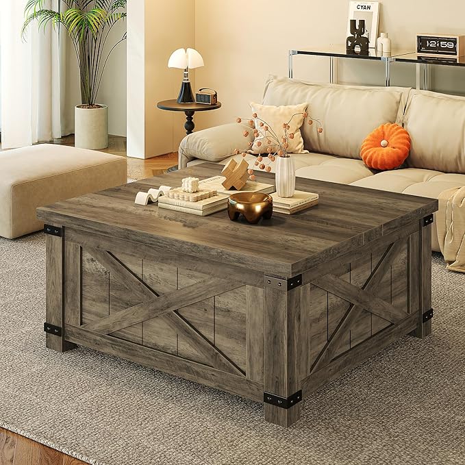 EnHomee Lift Top Coffee Table with Storage, 35.7" W Square Coffee Tables for Living Room, Small Coffee Table with Large Hidden Space, for Living Room, Bedroom, Home Office, Grey