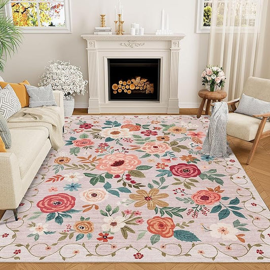 DUKINO 8x10 Area Rug, Floral Rugs for Living Room, Lightweight Non Slip Washable Rug, Indoor Low Pile & Non-Shedding Boho Design Rugs for Bedroom, Living Room, Dining Room, Beige