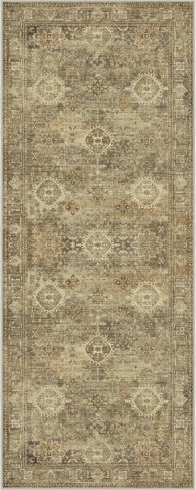 GENIMO 2X5 Hallway Runner Rug, Machine Washable Non Slip Vintage Floral Patchwork Runners, Thin Low Pile Chenille Carpet Runners for Entryway, Kitchen, Bathroom, Bedroom, Straw