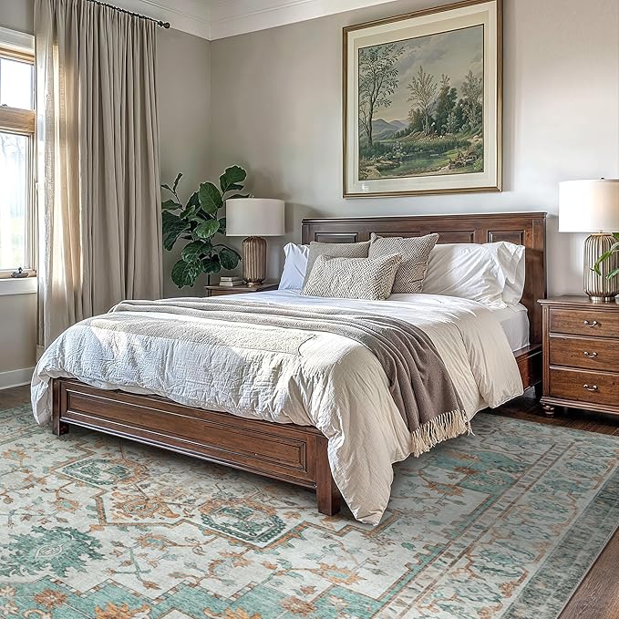 GENIMO 5x7 Area Rugs for Living Room, Machine Washable Non Slip Vintage Rugs, Low Pile Lightweight Chenille Print Rug for Bedroom, Dining Room, Home Office, Cyan