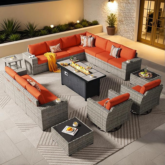 ovios 16 Pieces Patio Furniture Set, Outdoor Wicker Sectional Sofa with 54" Fire Pit Table Swivel Chairs, Modern Modular Deep Seat Rattan Couch Conversation Sets, Orange Red
