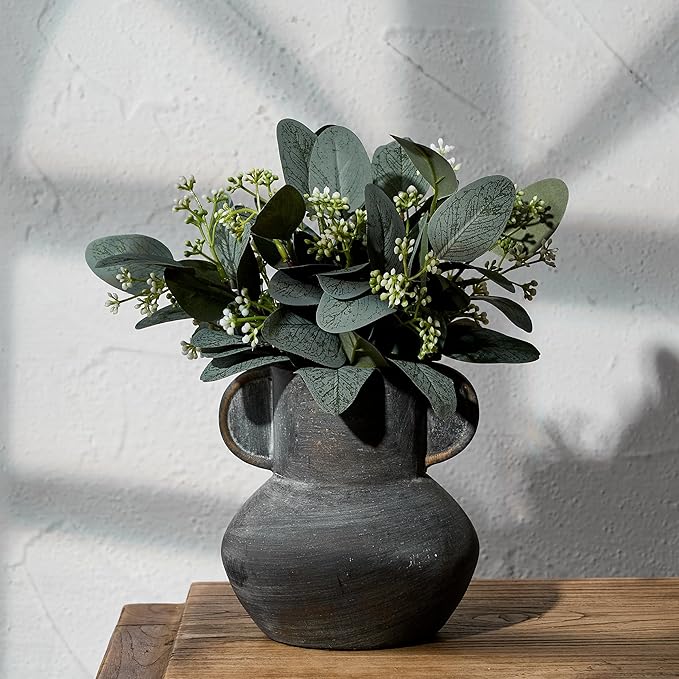 Antique Ceramic Vase with 2 Handles, 6.1 Inch Farmhouse Rustic Vase, Small Decorative Pottery Flower Vases for Home Decor, Wedding, Living Room, Table, Shelf Decor, Black Bronze