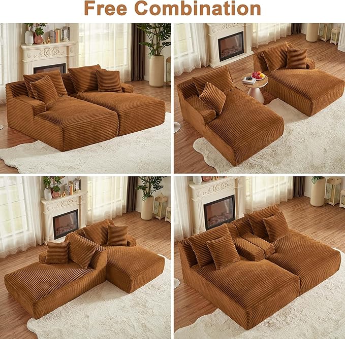 GNIXUU 78.8" Oversized Double Chaise Lounges Indoor, 2 Pieces Comfy Corduroy Chaise Lounge Chair Cloud Boneless Couch, Fluffy Upholstered Sleeper Loveseat Bed for Living Room Bedroom Reading(Orange)