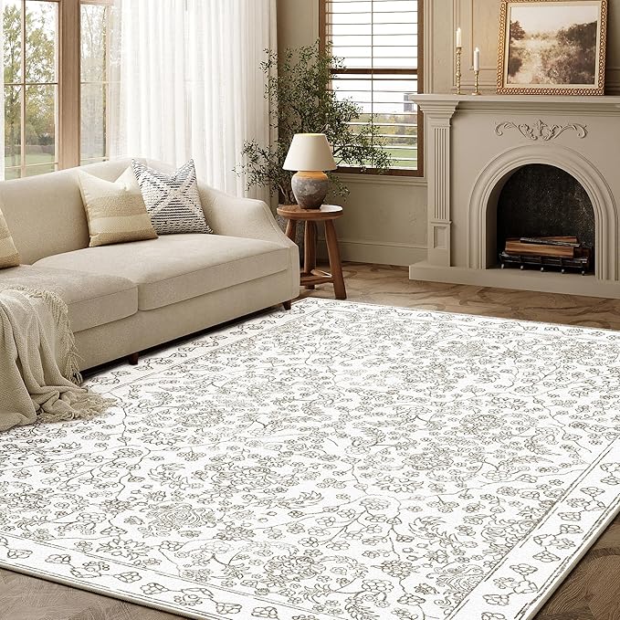 Floral Area Rug 6x9 Washable Taupe Carpet Non Slip Large Boho Thin Farmhouse Throw Accent Rug for Living Room Bedroom Office Kitchen Bathroom