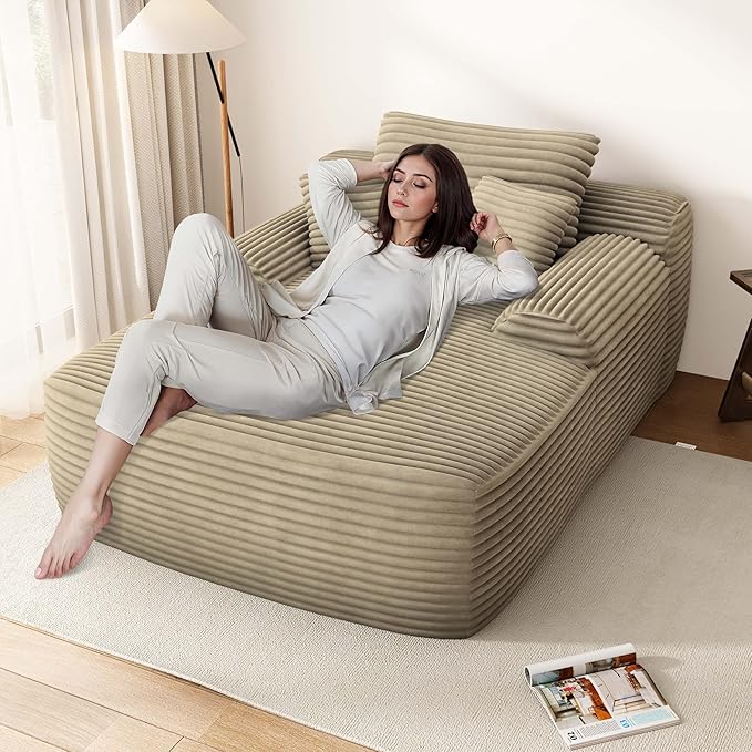 67" Oversized Chaise Lounge Chair Indoor, Comfy Sleeper Sofa Bed, Beige Plush Corduory Couch for Living Room Bedroom,Sofa in A Box,No Assembly Required.