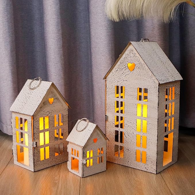 TRIROCKS 3 Pcs Decorative Vintage Mantel Shelf Tea Light Lanterns 13.5"&9.5"&5.5" H Modern Farmhouse Candle Holders for Home Garden Yard Patio Wedding Parties Christmas Indoors Outdoors(Cream White)