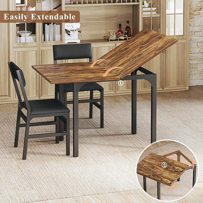 Dining Table Set for 4, Extendable Kitchen Table Cushion Chairs Set of 4, Rectangle Dining Table with Metal Frame & MDF Board, Folding for Small Apartment Saving Space, Rustic Brown