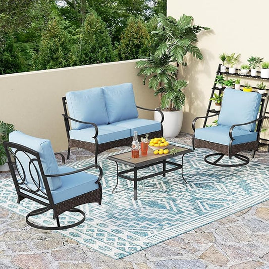 PHI VILLA Outdoor Porch Furniture Set, Upgraded Wicker&Metal Deep Seating Patio Furniture Conversation Set with Waterproof Thick Cushions for Balcony, Deck, and Yard (4 Pieces,Blue)