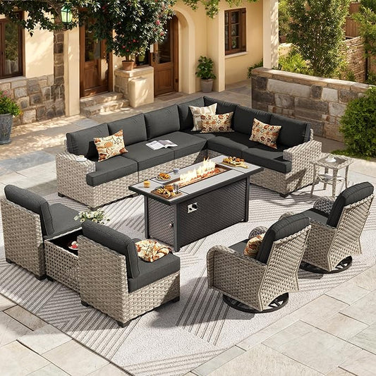 HOOOWOOO Outdoor Sectional Patio Furniture Set with Fire Pit Table,13 Pieces Wicker Conversation Sets L Shaped Couch,Extra Deep Out Door Sofa Outside Furniture with Swivel Chairs,Black