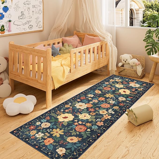 DUKINO Runner Rug, 2x10 Kitchen Hallway Carpet, Washable with Non-Slip Backing, Low Pile Soft Boho Floral for Entryway, Laundry, Bedroom, Dark Blue