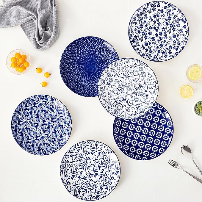 vancasso Ceramic Dinner Plates Set of 6, Large Vintage Plates 10.25 Inch Set of 6 for Kitchen, Porcelain Blue and White Plates for Kitchen, Microwave Oven Dishwasher Safe, Vintage Gift, Blue