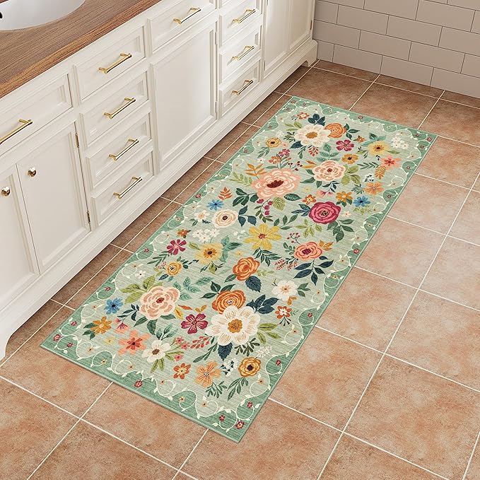 DUKINO 2x4 Rug for Entryway, Washable Kitchen Floral Runner Rug with Non Slip Backing, Low Pile Soft Boho Carpet for Kitchen, Hallway, Entryway, Laundry, Bedroom, Green