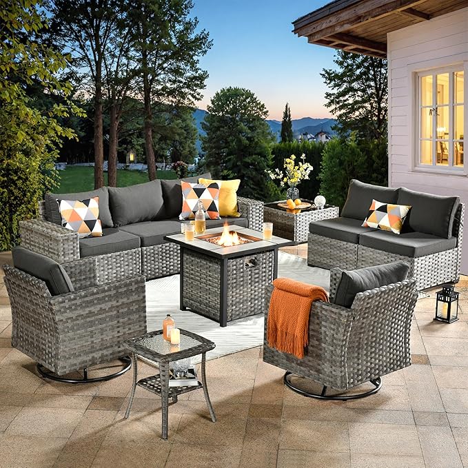 ovios 10 Pieces Patio Furniture Set, Outdoor Wicker Sectional Sofa with 30" Fire Pit Table Swivel Chairs, Modern Modular Deep Seat Rattan Couch Conversation Sets, Black