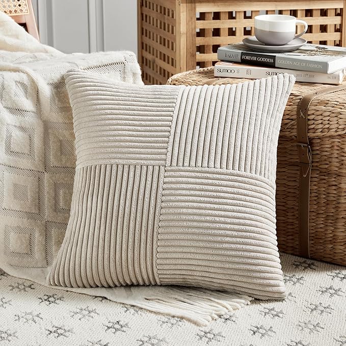 Fancy Homi 2 Packs Neutral Taupe Decorative Throw Pillow Covers 22x22 Inch for Living Room Couch Bed Sofa, Rustic Farmhouse Boho Home Decor, Soft Corss Corduroy Patchwork Accent Cushion Case 55x55 cm