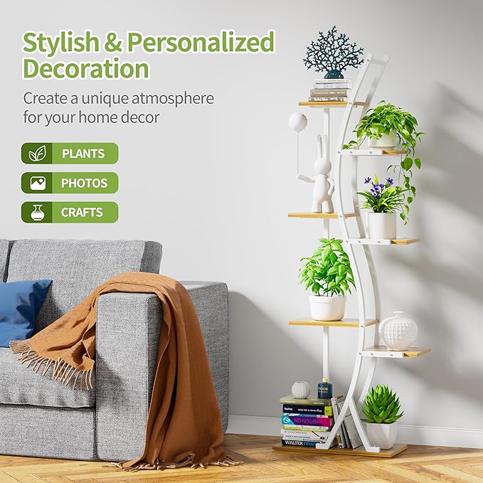 Plant Stand Indoor with Grow Lights - 7 Tiered Tall Metal Plant Shelf - Corner Wooden Plant Stand for Indoor Plants Multiple, Large S-Shape Flower Rack Holder for Living Room, Garden, Patio Decor, 62"