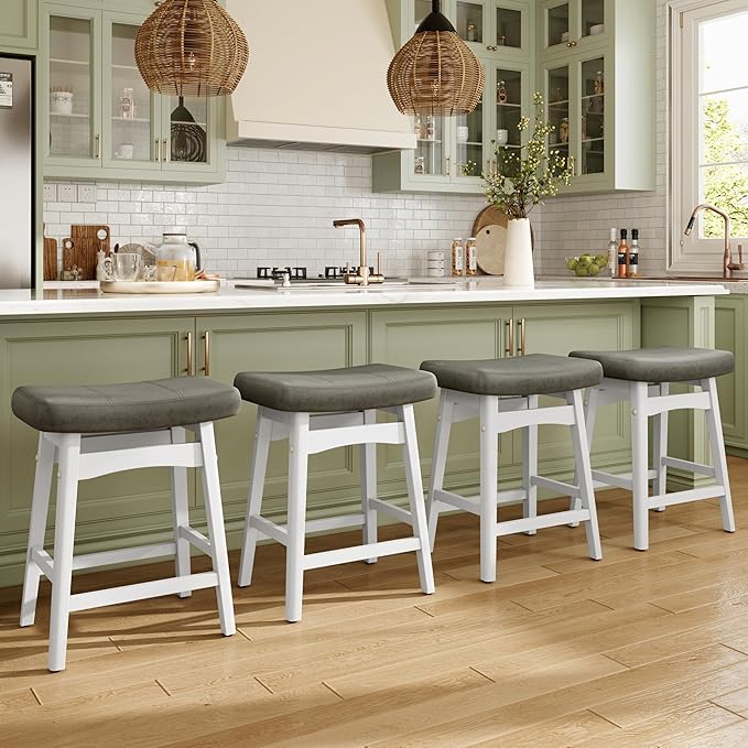 MAISON ARTS White Counter Height Bar Stools Set of 2 for Kitchen Counter Solid Wood Legs with Faux Leather Saddle Seat Farmhouse Barstools for 34"-38" Counter Island Upholstered Stools, 24in Height