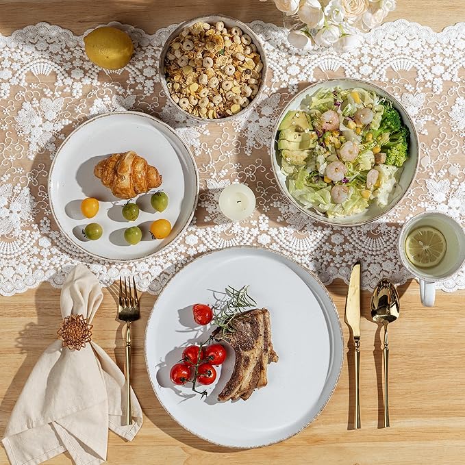 AmorArc 32 Pieces Ceramic Dinnerware Sets for 8, Handpainted Plates and Bowls Set with Rustic Terracotta Underside, Scratch Resistant Stoneware Dishes Set, Dishwasher & Microwave Safe,White