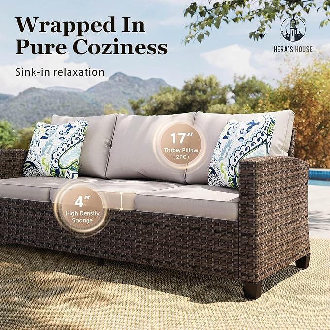 HERA'S HOUSE Wicker Patio Furniture Set, 7 Pieces Outdoor Seating Furniture, Patio Conversation Sofa Sets with Ottomans for Backyard Lawn Deck, Beige