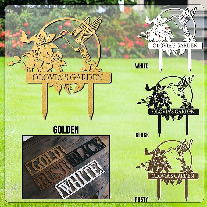 Personalized Metal Garden Sign, Custom Name Stake Decor, Hummingbird Yard Art, Outdoor Gardening Metal Decor, Home Garden Stake, Gifts for Gardeners