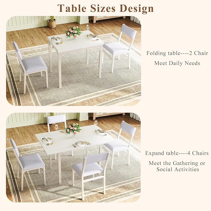 Dining Table Set for 4, Extendable Kitchen Table Cushion Chairs Set of 4, Rectangle Dining Table with Metal Frame & MDF Board, Folding for Small Apartment Saving Space, White
