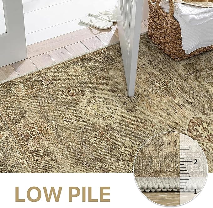 GENIMO 2X5 Hallway Runner Rug, Machine Washable Non Slip Vintage Floral Patchwork Runners, Thin Low Pile Chenille Carpet Runners for Entryway, Kitchen, Bathroom, Bedroom, Straw