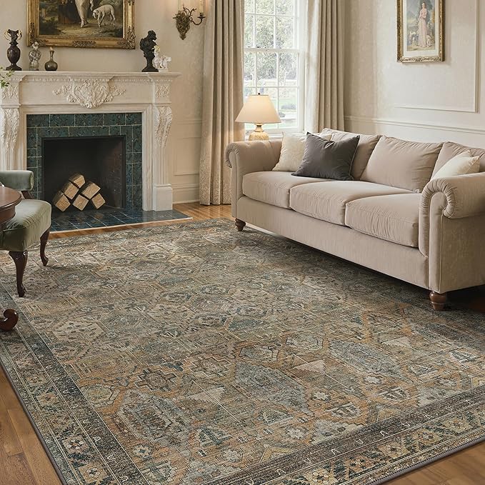 GENIMO 6x9 Area Rugs for Living Room, Machine Washable Non Slip Vintage Rugs, Low Pile Lightweight Chenille Print Rug for Bedroom, Dining Room, Home Office, Warm Taupe