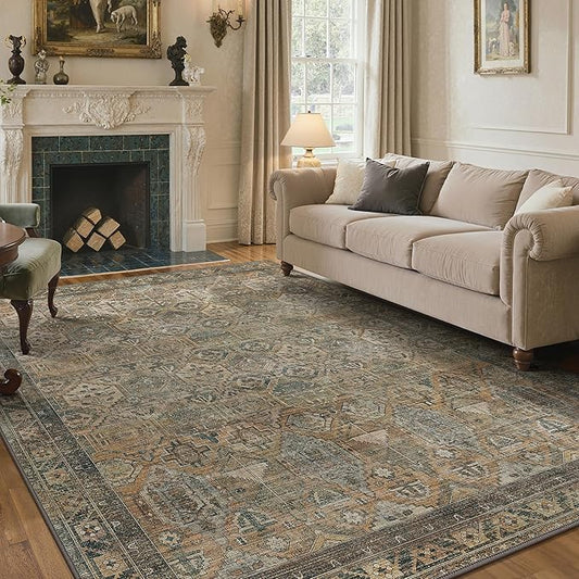 GENIMO 6x9 Area Rugs for Living Room, Machine Washable Non Slip Vintage Rugs, Low Pile Lightweight Chenille Print Rug for Bedroom, Dining Room, Home Office, Warm Taupe