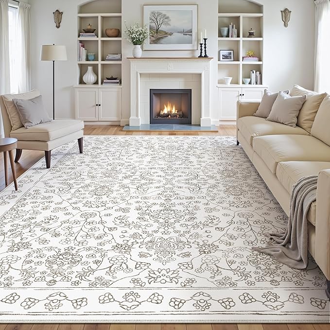 Floral Area Rug 6x9 Washable Taupe Carpet Non Slip Large Boho Thin Farmhouse Throw Accent Rug for Living Room Bedroom Office Kitchen Bathroom