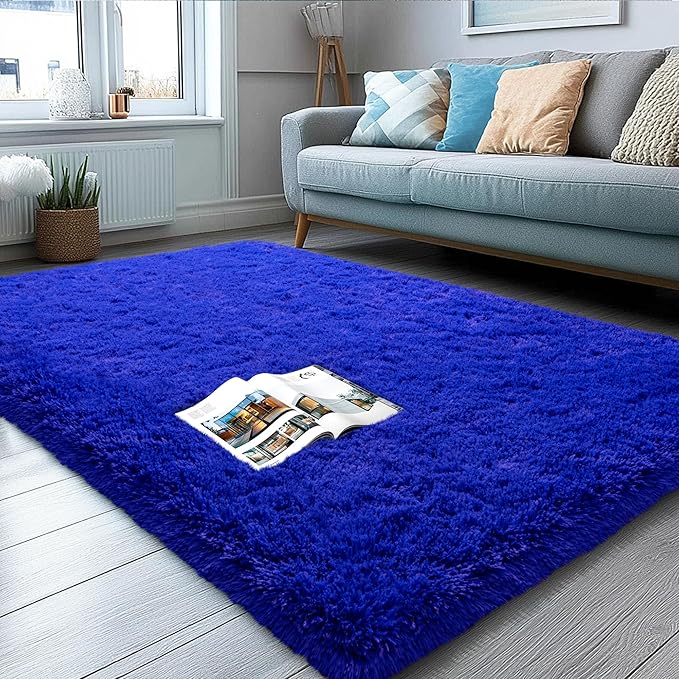 3x5 Area Rug for Bedroom, Blue Rugs for Living Room Nursery Kids Room Dorm Home Decor Aesthetic, Fluffy Shaggy Rug with 4 Anti-Slip Carpet Tapes, Navy Blue