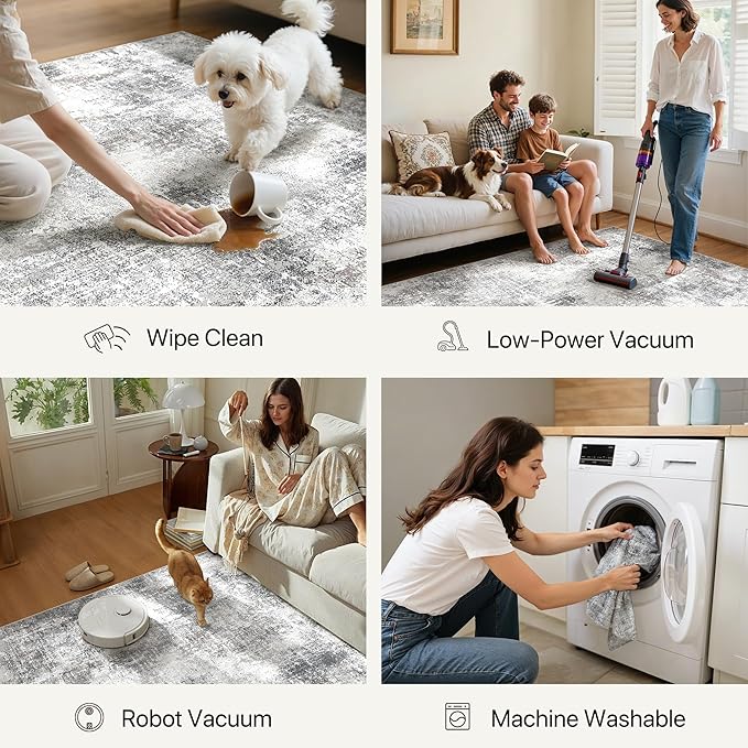 GENIMO Washable Area Rugs for Living Room, 6x9 Modern Non Slip Rugs, Low Pile Lightweight Soft Print Rug for Bedroom, Dining Room, Home Office, Grey