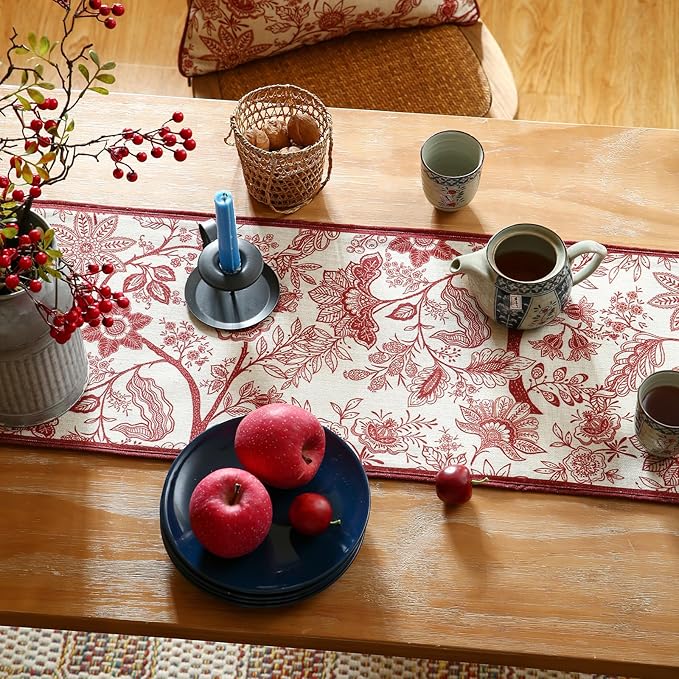 ISAENNE Designer Chinoiserie Elegant Linen Table Runner 102 Inches Long,Red Floral Pattern Decor Table Runners for Thanksgiving,Dining Room,Banquet,Kitchen Tables,Christmas,12"*102"-Ruyi A