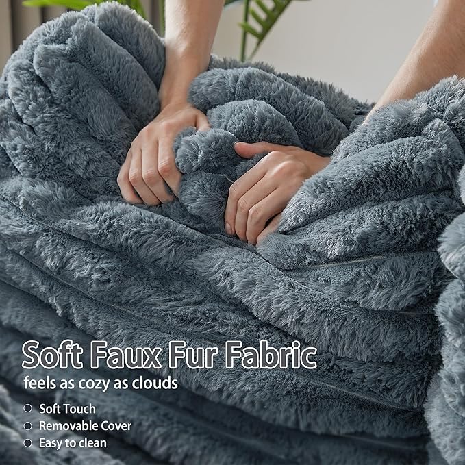 RARZOE 64'' Oversized Chaise Lounge Chair Indoor, Plush Faux Rabbit Fur Sleeper Sofa Bed with 4 Pillows, Charging Station & Cup Holders, Fluffy Comfy Cloud Couch Loveseat Sofa for Living Room,Grey