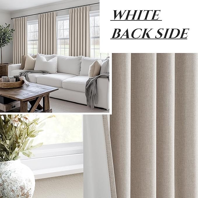 Grey Beige Linen Pinch Pleated Viral Thick Curtains Blackout & Drapes 84 Inch Length 2 Panels Set for Living Room, Black Out Windows Bug with Memory Trained Back Tab for Traverse Rods (40"Wx84"Lx2)