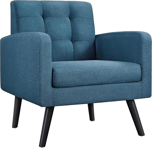 Yaheetech Mid-Century Accent Chairs, Modern Upholstered Living Room Chair, Cozy Armchair Button Tufted Back and Wood Legs for Bedroom/Office/Cafe, Navy Blue