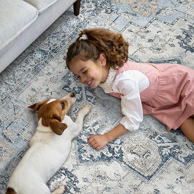 GENIMO Runner Rug 2'6''x8, Non Slip Vintage Hallway Runner Rugs, Low Pile Lightweight Machine Washable Mat for Hallway, Entryway, Bedroom, Kitchen and Corridor, Blue