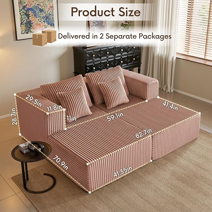 82" Oversized Chaise Lounge Chair, Corduroy Upholstered Sleeper Sofa with 4 Throw Pillows and Wide Armrest for Living Room, No Assembly Required Loveseat Couch, Pink