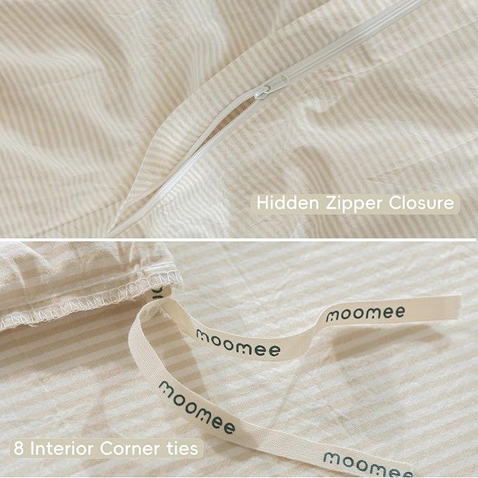 MooMee Striped Duvet Cover Set 100% Washed Cotton Linen Like Textured Breathable Durable Soft Comfy (Almond Milk Grey Pinstripes, Oversized King Plus 128"x120")