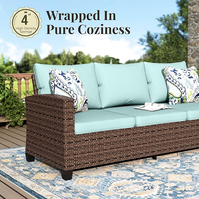 Patio Furniture Set, 5 Pcs Wicker Rattan Outdoor Conversation Set, 2 x Leg Chairs, 1 x 3 Seater Sofa and 2 x Ottoman with 4" Thick Cushion for Garden Backyard Deck, Blue